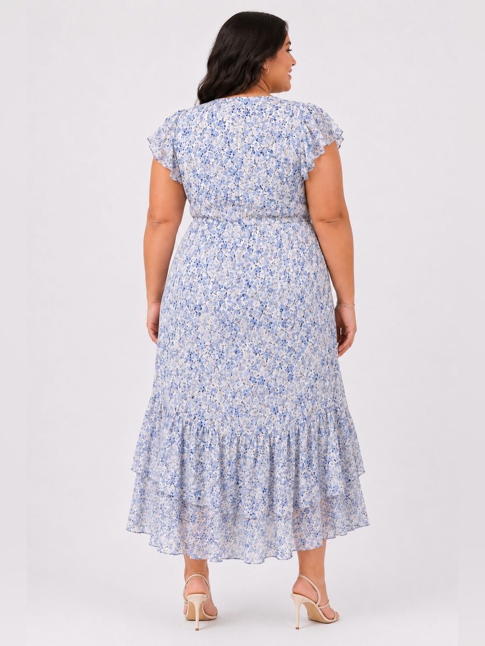 Tommy Hilfiger Floral Chiffon Hem Tiered Midi Dress Flutter Sleeve Blue 18W NWT - Picture 3 of 15